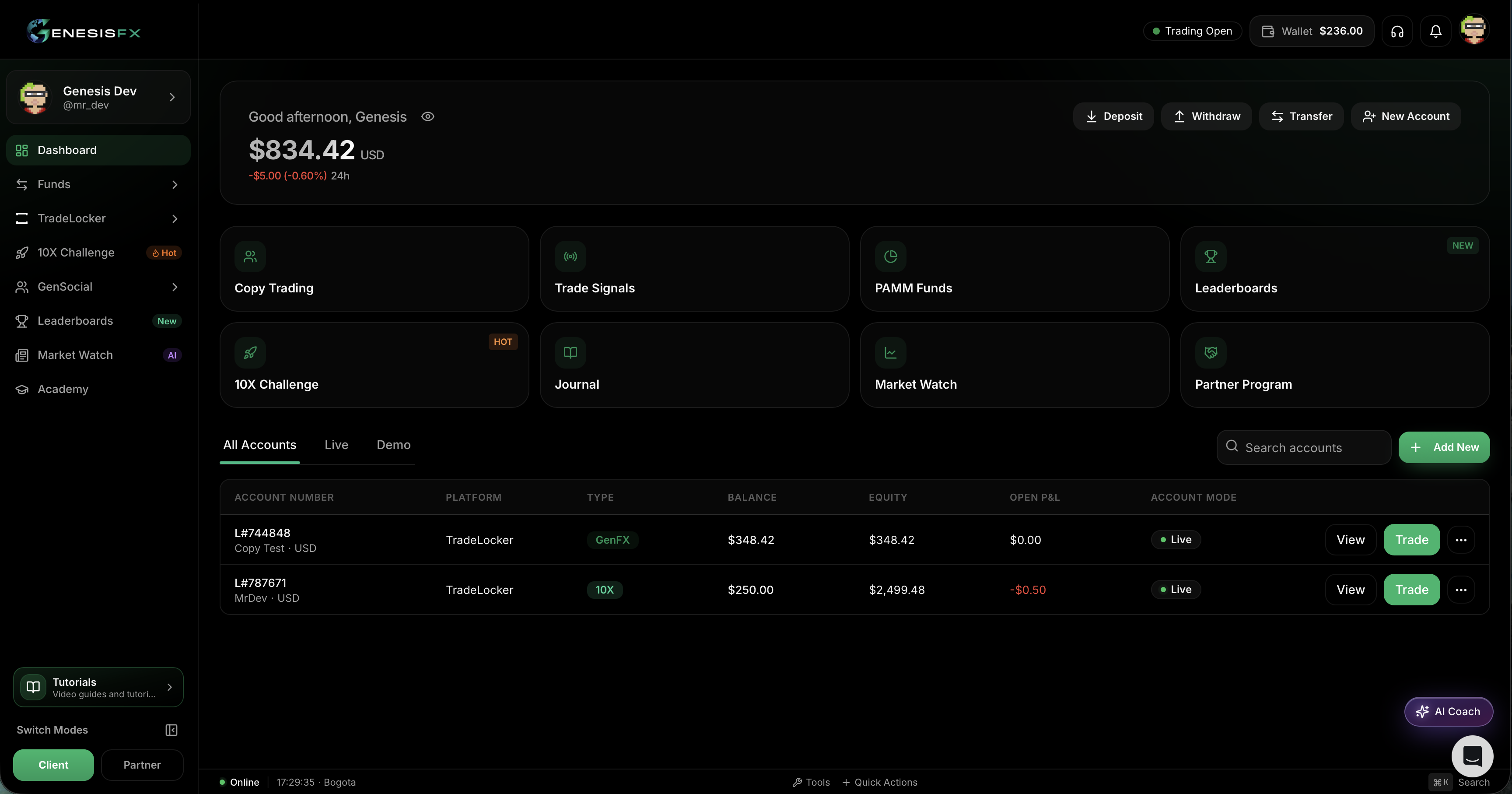 Trading platform web terminal showing a live chart, open positions and the market watch panel